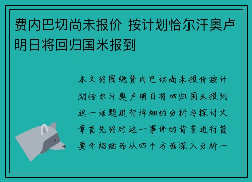 费内巴切尚未报价 按计划恰尔汗奥卢明日将回归国米报到
