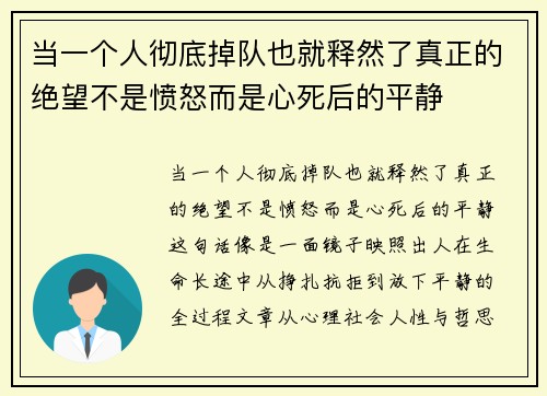 当一个人彻底掉队也就释然了真正的绝望不是愤怒而是心死后的平静